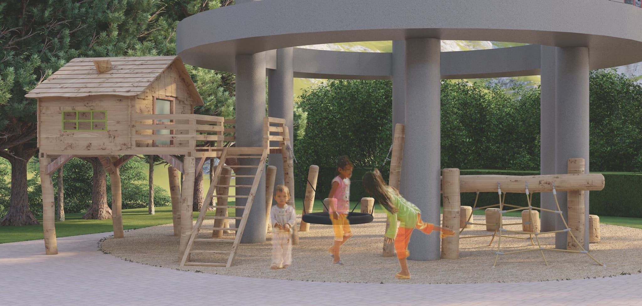Outdoor play area with a wooden treehouse, swing, and children playing