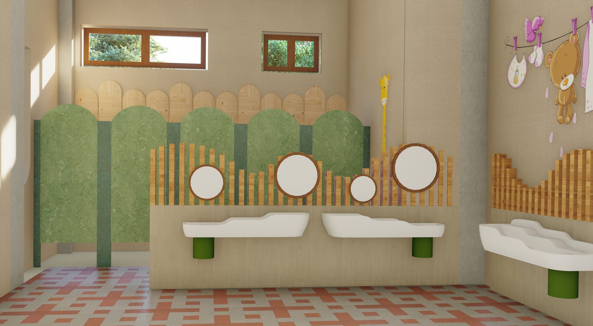Children's bathroom area with low sinks, green and wood partitions, and wall decor