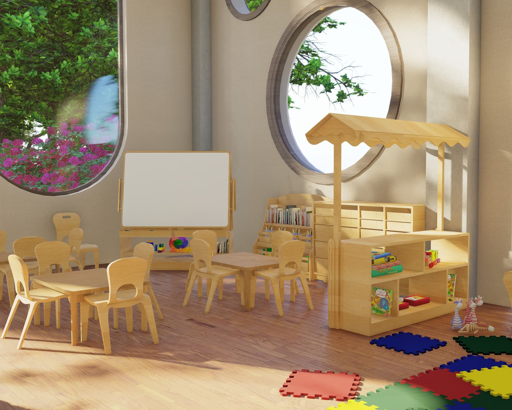 Bright indoor classroom with small wooden tables, chairs, and circular windows